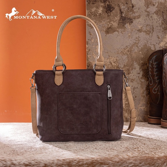 Montana West Western Tooled Aztec Concealed Carry Tote/Crossbody Coffee - Picture 4 of 6